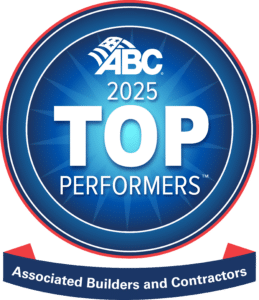 ABC 2025 Top Performers badge from Associated Builders and Contractors in blue with red accents.