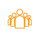 Icon Of Five Simplistic Orange Figures In A Group, Representing Community Or Teamwork, On A White Circular Background.
