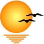 Abstract Sunset With Two Flying Birds, Featuring A Vibrant Orange Sun And Reflection On Water.